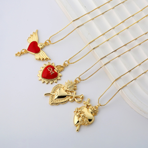 Collar <span class=keywords><strong>de</strong></span> Corazón Sagrado Chapado en <span class=keywords><strong>Oro</strong></span> <span class=keywords><strong>de</strong></span> 18K, Joyería Religiosa Católica para Mujer, Colgante Esmaltado con Diseño <span class=keywords><strong>de</strong></span> Corazón Flameante, Venta al Por Mayor - Product Image 3