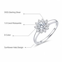 Bague de fiançailles et de mariage classique en argent sterling S925 avec moissanite 1 carat D motif tournesol 3g