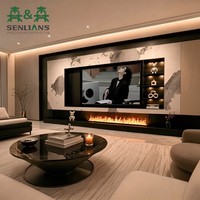 Meuble TV mural intégré moderne avec foyer linéaire, console multimédia à texture marbre et écran rétroéclairé pour villa de luxe