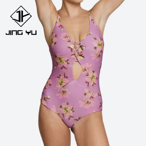 Tropical pink printed V-neck swimsuit, high-quality recycled polyester one-piece swimwear - Product Image 3