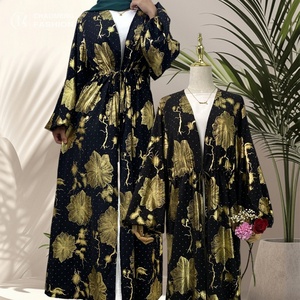 Abaya Dorada Abierta para Ramadán con Cinturón Ajustado Incorporado, Túnica Larga con Estampado Floral y Bolsillos Laterales para Mujeres Musulmanas 1444 # - Product Image 1