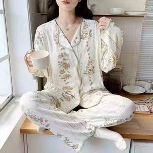 طقم بيجامة نسائي ربيعي بأكمام طويلة وسروال طويل من قطن كلاود، طقم كاجوال من قطعتين بياقة مطوية، ملابس منزلية وملابس استرخاء لطيفة - Product Image 5