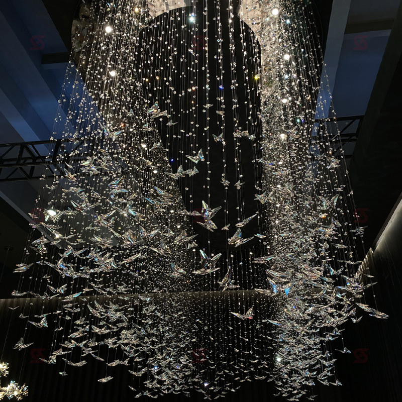 Modern K9 Crystal butterfly Chandelier Design Hotel Lobby Home Long Ceiling Light Custom Large Pendant Lamp