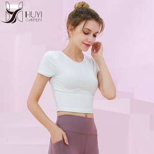 Nuevo estilo de Yoga de manga corta americana <span class=keywords><strong>Europea</strong></span> deportes camisa <span class=keywords><strong>mujer</strong></span>, cuello redondo de corte Slim Fitness camiseta - Product Image 2