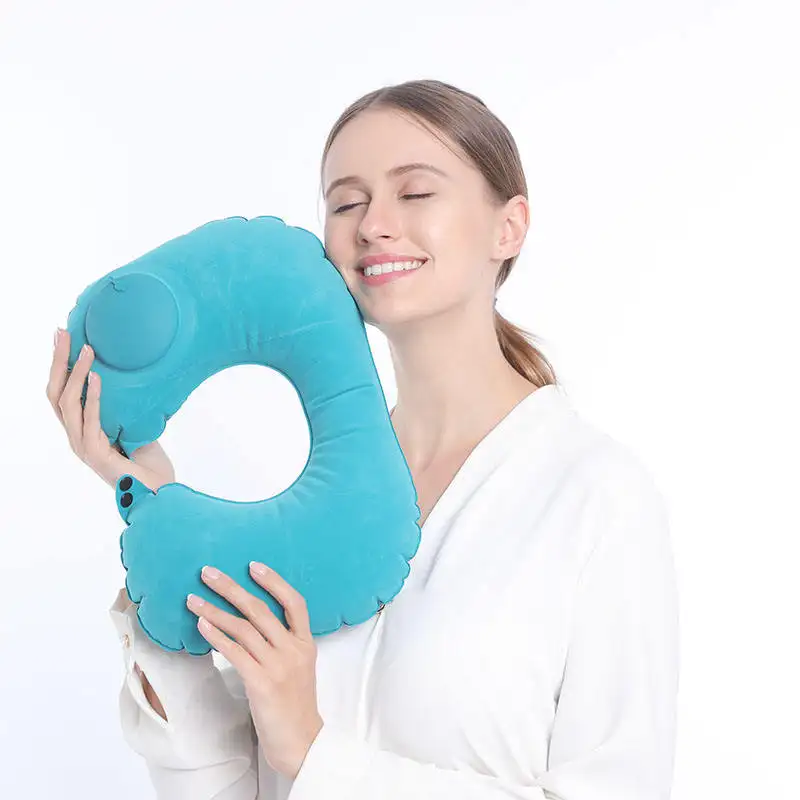 Almohada inflable de cuello para viaje, soporte cómodo para reposacabezas en forma de U con bolsa de compresión para tren, oficina, coche y avión