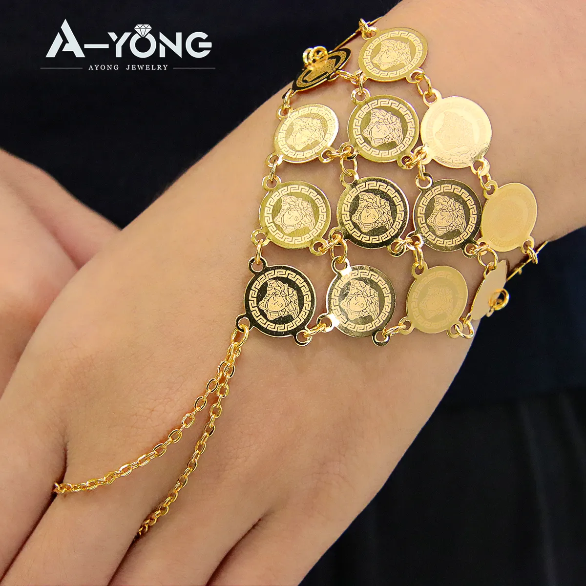 Hot Selling Layer Coin Brass 18k Gold Plated Bracelet Women's Finger Chain Ring Bracelet