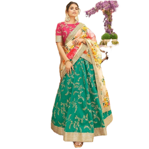 Lentejuelas verdes Arte Seda Desgaste de la boda Lehenga Choli Fascinante Ropa india y pakistaní - Product Image 1
