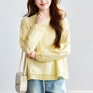 <span class=keywords><strong>Camicia</strong></span> Giallo Cotone Donna a Maniche Lunghe 2026 Nuova Collezione Estiva con <span class=keywords><strong>Colletto</strong></span> in <span class=keywords><strong>Pizzo</strong></span> Blusa Vestibilità Ampia Effetto Snellente - Product Image 3