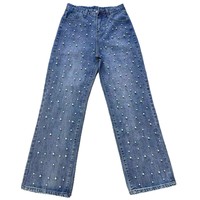 Site Web indépendant euro-américain pour le commerce transfrontalier : Jean en denim délavé mi-ancien, perlé, coupe droite, coupe classique, pour femme, collection hiver