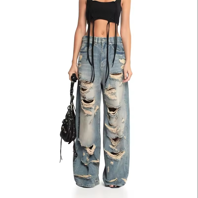 Baggy Ripped Tattered Jeans For Women Vintage Wash Extreme