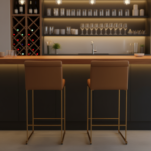 Ensemble de 2 tabourets de bar à dossier haut Fuji de 26 pouces au design contemporain avec métal doré et similicuir camel par Fuji - Product Image 2