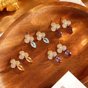 Pendientes de Plata 925 con Baño de Oro, Diseño de Trébol, con Piedra Natural de Corte Marquesa de 5*10mm, Hipoalergénicos, Elegantes, Estilo Vintage - Product Image 5