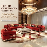 Set Sofa dan Kursi Santai Berlengan Melengkung Berbahan Beludru Merah dengan Alas Emas untuk Proyek Hotel, Layanan Satu Atap untuk Pengadaan Furnitur