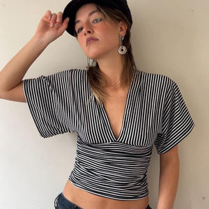 Sexy Hot <b>Girl</b> INS Streetwear Striped Deep V Neck Slim Fit Short Sleeve Crop <b>T</b>-<b>Shirt</b> Women Backless Waist Shaping Top - Product Image 1