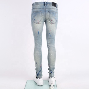 Edge Demin Custom Painted <strong>Drip</strong> Splatter <strong>Jeans</strong> Washed Ripped Vintage <strong>Skinny</strong> Men <strong>Jeans</strong> Denim Bleaching - Product Image 2