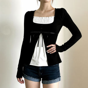 Sweet Girl Slim Fit Short Full Sleeve Breathable Eco-Friendly Black White <b>Patchwork</b> Square Collar Knit Layering <b>Top</b> - Product Image 3