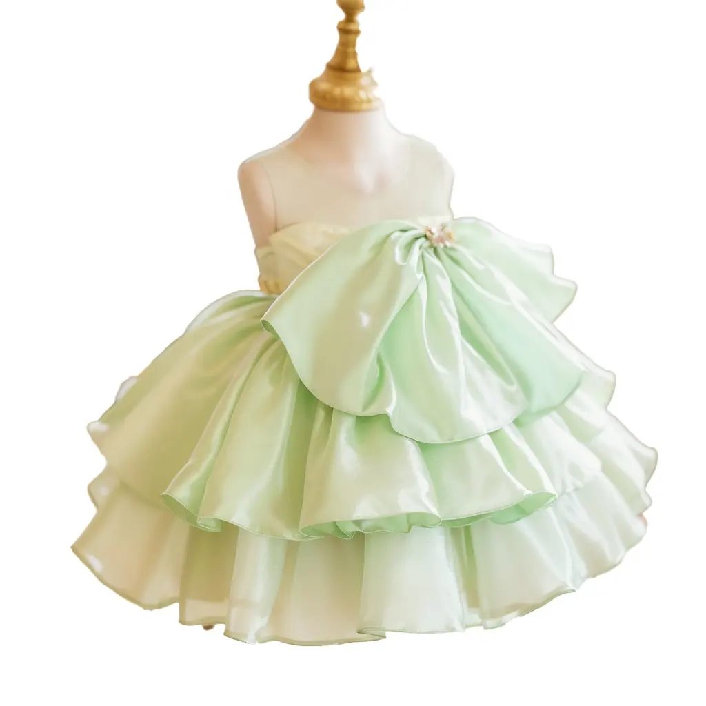 Nuevo diseño personalizado de satén de menta para niños novedad hermoso vestido fiesta de cumpleaños boda Vestido de niña