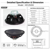 Unit Loudspeaker Mid-Range LS HD12N302 12 Inch 800W, Voice Coil 65mm, Impedansi 8.0 Ohm, Magnet Neodymium untuk Penguatan Suara