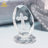 Croix ovale en cristal sur socle argenté avec base lumineuse LED, presse-papier, pour cadeau de première communion, mariage, ou souvenir de baby shower