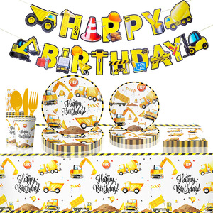 Construction Vehicle Themed Party Supplies Birthday Tableware Set Paper Plate Decoration Cartoon Style <b>Round</b> Shape - Product Image 1
