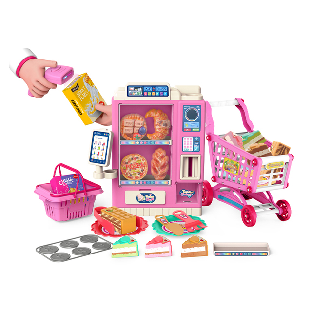 Home Supermarket Game Small Scanner Toy Vending Machine Pretend Play Grocery Store Shopping Carts for Kids with Plastic Dessert
