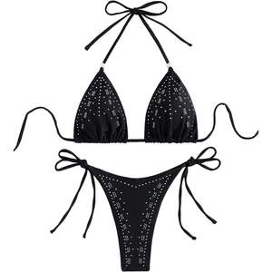 Maillot de bain bikini dos nu personnalisé pour femme, ensemble 2 pièces noir en Spandex extensible et Nylon, idéal pour les vacances à la plage - Product Image 4