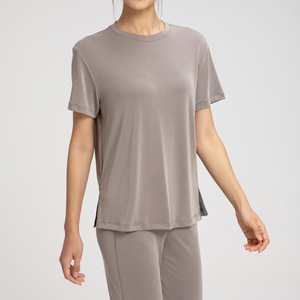 SUHE TS-010 Athena Sandwashed Ribbed <b>Checkered</b> Short Sleeve Modal Yoga <b>Top</b> Women Breathable Crew Neck Regular Fit 140g Sportwear - Product Image 1