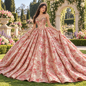 Dy1594 Gorgeous Champagne Red Floral Brocade Ball Gown <b>Quinceanera</b> <b>Dress</b> With Beaded Sweetheart Jancember - Product Image 1