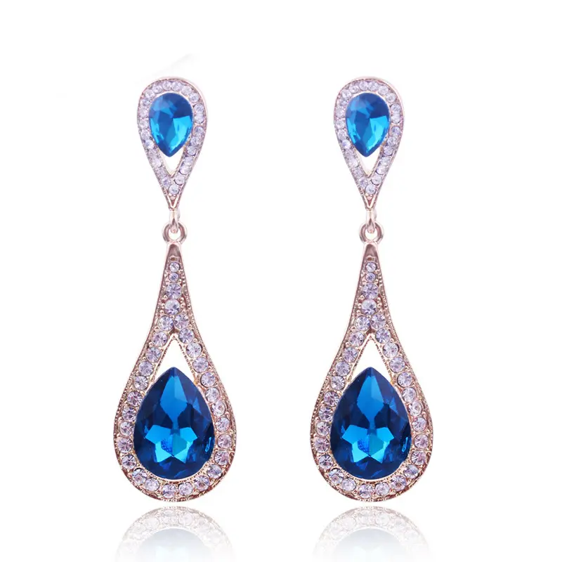 Hot Sale Blue Sapphire Pendant Earrings Vintage Stud Bridal Water Drop Earring Long Rhinestone Crystal Wedding Big Earrings