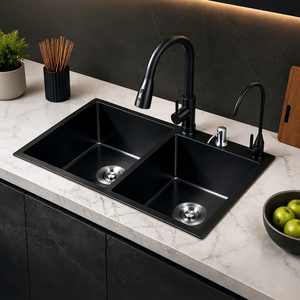 Daystar Trade Modern Design Stainless Steel Double Bowl Handmade Kitchen Sink Faucet Two-Hole SUS304 Bottom Black Undermount - Product Image 1