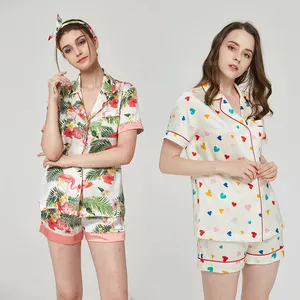 Wholesale Warmly Flamingo Printed Short Sleeve 100%Silk Pajamas Sleepwear nightwear for women set