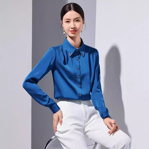 Women's Blue Satin Long Sleeve Shirt Solid Color Office Wear Slim Fit Elegant Professional Blouse - Product Image 1