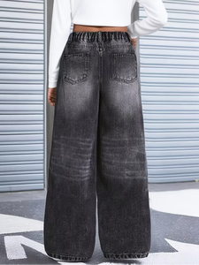 Jeans à jambes larges pour enfants et adolescentes, denim vintage, coupe ample, fermeture éclair, pantalon long - Product Image 3