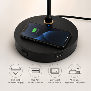 Lampe de chevet moderne avec chargeur sans fil, port USB, abat-jour en tissu, lampe de bureau pour chambre à coucher, hôtel, salon - Product Image 4