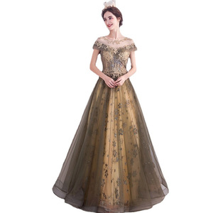 Golden Off The Shoulder Ball Gown Empire Waist Floral Print Evening Dress For Wedding Banquet Stage Performance Host Solo Show - Product Image 5