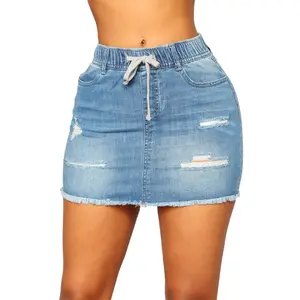 Сексуальная Женская джинсовая юбка, популярная стильная рваная джинсовая юбка с запахом