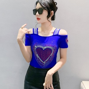 Luxury Diamond <strong>Red</strong> Heart Women <strong>Tops</strong> Square Collar Rhinestone T Shirts Double-layer Ice <strong>Silk</strong> Mesh Breathable T-shirt for Girls - Product Image 4