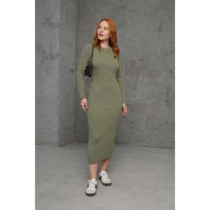 Vestido ajustado de punto acanalado color caqui con cuello redondo, cintura natural, transpirable, de manga larga y longitud media para uso diario informal. - Product Image 6