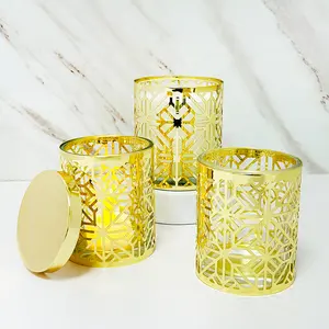 Wholesale Geometric Hollow Metal Candle Holder Square Design Glass Scented Candle Jar Decoration