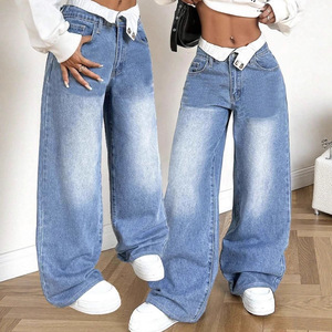 Rétro Hot Girl Flip <span class=keywords><strong>Taille</strong></span> Denim Jeans Femmes Solide Couleur Lâche Droite Respirant Pantalon - Product Image 1