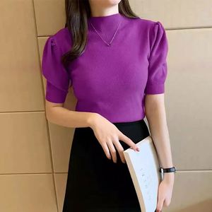 Großhandel Frauen Mädchen Short Puff Sleeve Einfarbig Stehkragen Strick Slim T-Shirt Sweater Tops <span class=keywords><strong>Eng</strong></span> anliegende Strickwaren - Product Image 4