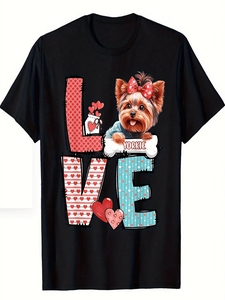 T-shirt nera da adulto con stampa di cuori rossi, girocollo, casual, primavera estate, 100% cotone jersey, manica corta - Edizione San Valentino Yorkie Love - Product Image 1