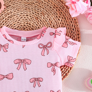 Conjunto de Dos Piezas con Lazo para Bebés Niñas, Ropa Casual de Verano, Transpirable, con Mangas Cortas con Volantes y Estampado de Lazos - Product Image 3