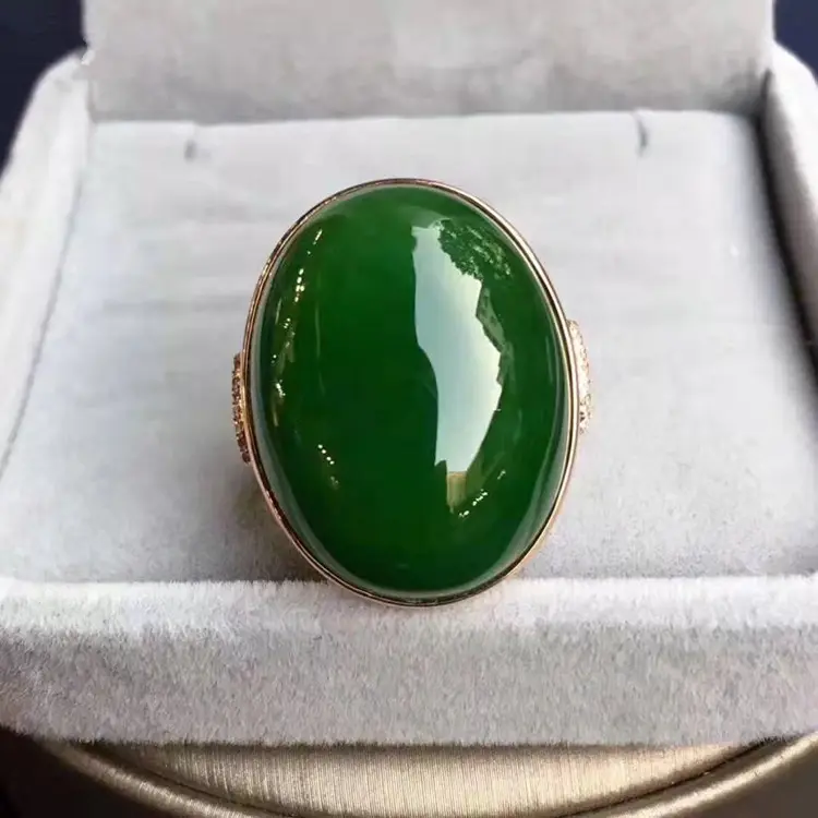 Groothandel mooie jade edelsteen sieraden gift 18k gold 20x25mm natuurlijke spinazie groene hetian jasper ring