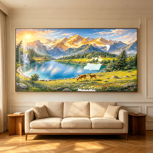 Quadro in Porcellana con Cristalli, Paesaggio Montano Nordico con Alpi, Laghi e Cervi, Decorazione da Parete con Scenografia Naturale - Product Image 5