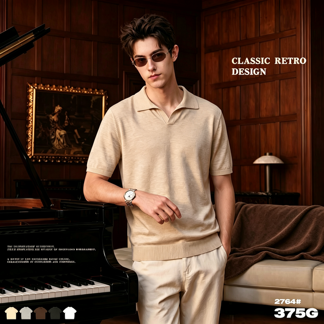 Knit Shirt Old Money Style Relaxed Fit Casual Fine Ribbed Trim Sweater Tee Spread Collar Neck Top Cotton-Yarn KnitwearStreetwear