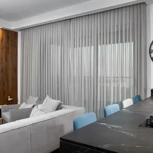 Merci装饰澳大利亚风格面料银灰色透明天然亚麻窗帘客厅波纹折叠窗帘