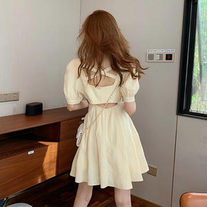 Vestido sin espalda estilo francés, mangas abullonadas, cintura elástica, cuello cruzado, color liso, uso diario informal, transpirable - Product Image 1