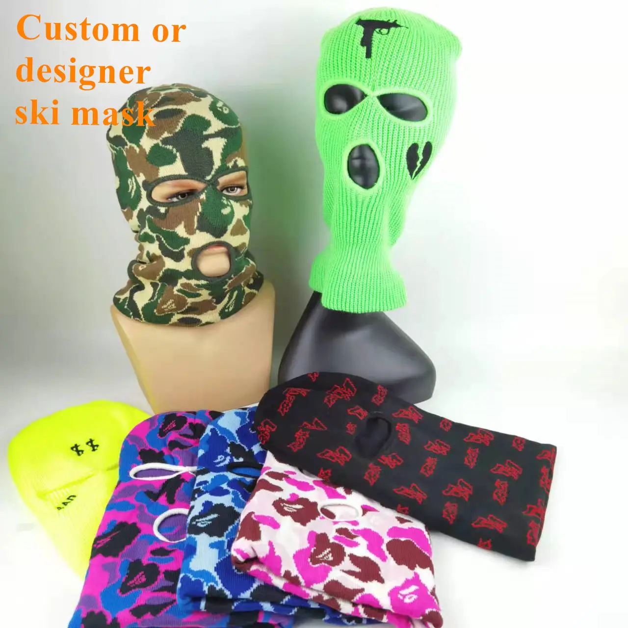 Wholesale Winter Warmly Hats Fashion Printing Custom Logo 3 Hole Winter Balaclava Designer Knit Ski Mask