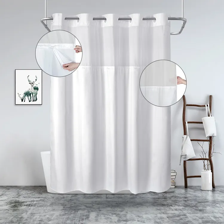 Uvan high quality wholesale waterproof 100% polyester 90gsm pongee fabric white shower curtain bathroom with PP hookless